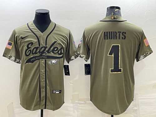 Mens Philadelphia Eagles #1 Jalen Hurts Olive 2022 Salute To Service Cool Base Stitched Baseball Jersey